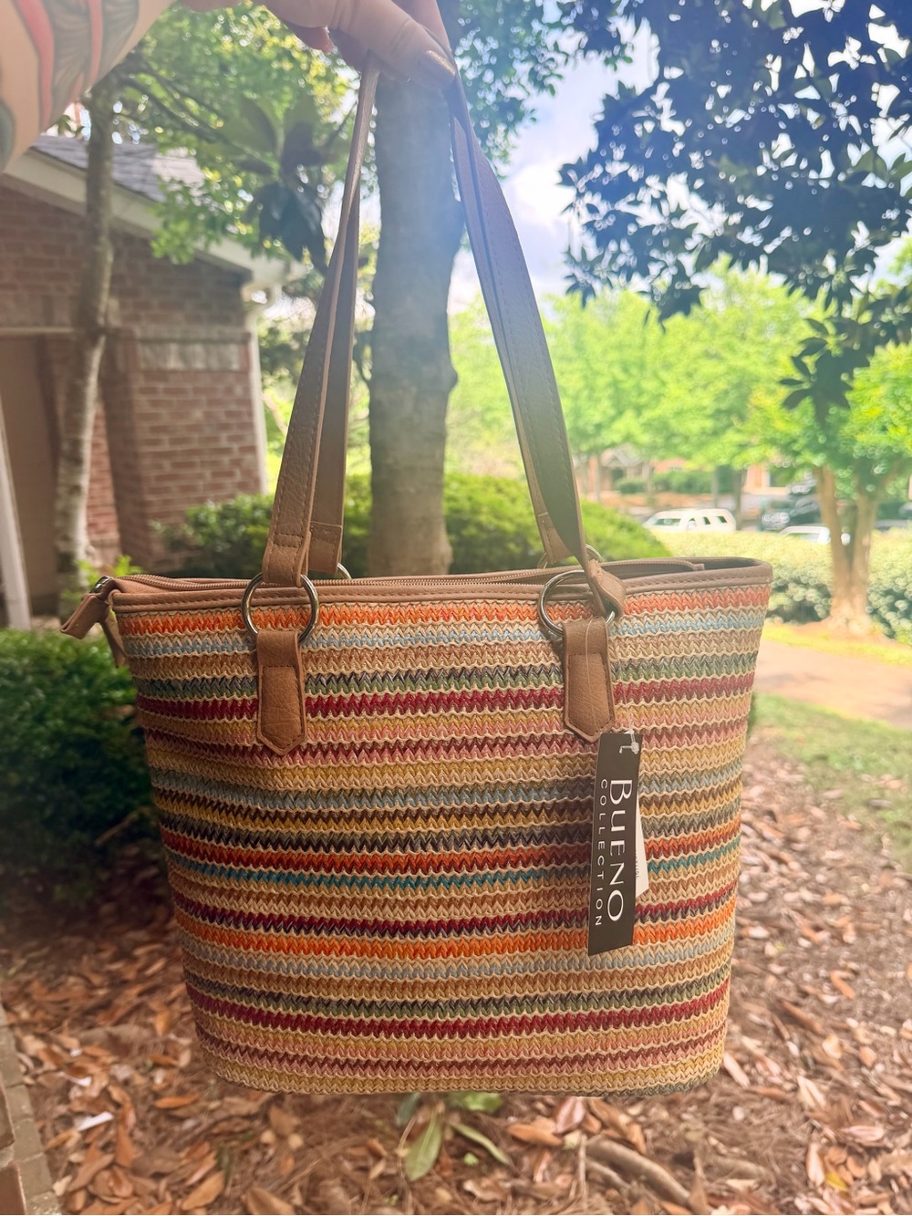 Bueno Multicolor Striped Woven Tote with Tan Handles